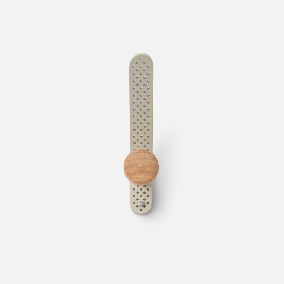 Front view of Tula Hook showcasing perforated metal and round natural wood finial on a white background