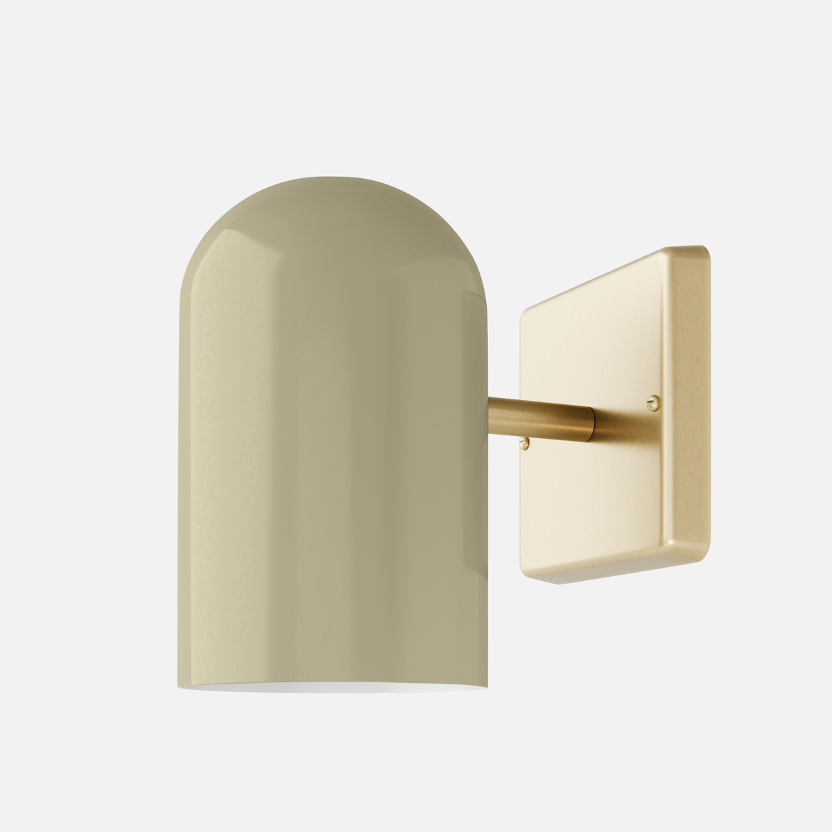 Close-up front view of Allegheny 4.5-inch indoor/outdoor sconce showing rounded shade and brushed brass backplate