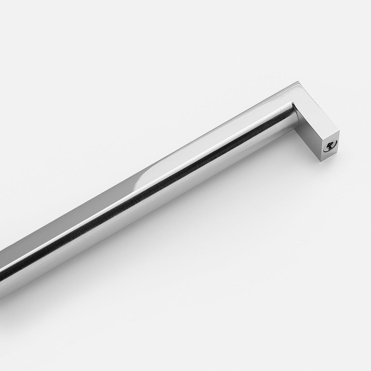 Close-up of Edgecliff appliance pull showcasing a reflective metal finish and angular mounting ends on a white background
