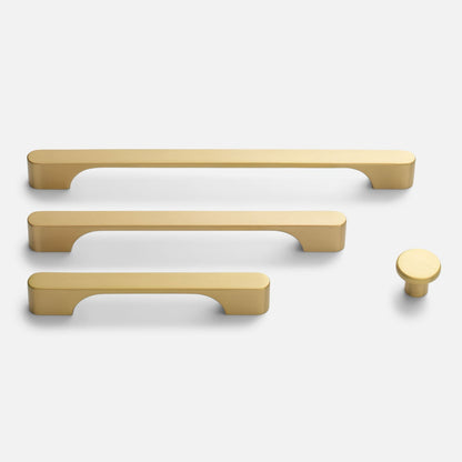 Front view of natural brass Roland pulls in several sizes and a matching knob on a white background