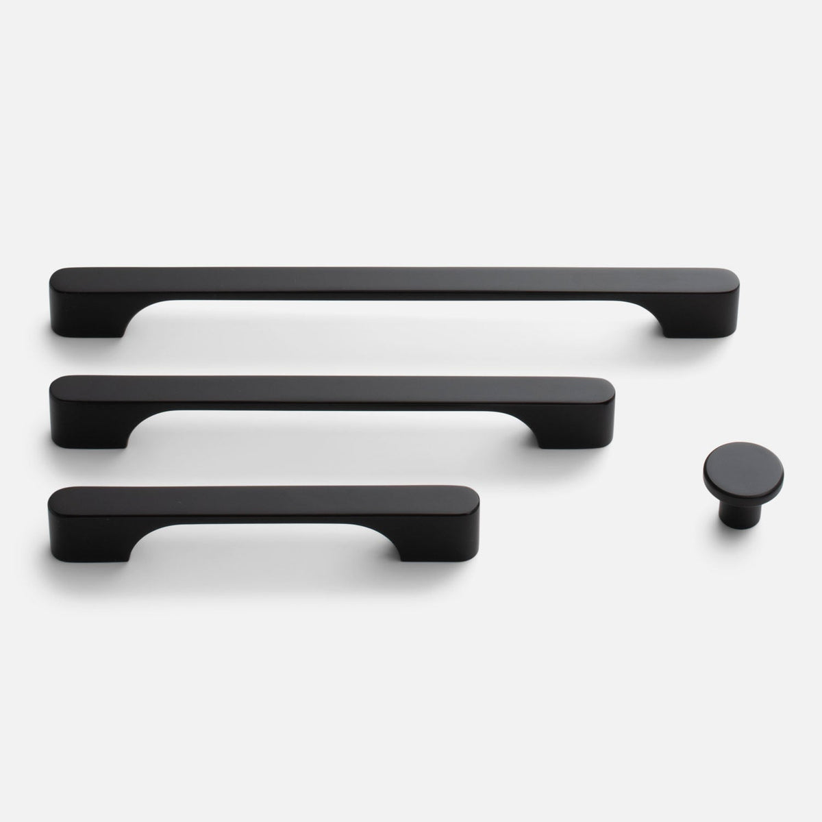Front view of Roland Pull cabinet hardware showcasing three bar pulls and a round knob with a light background