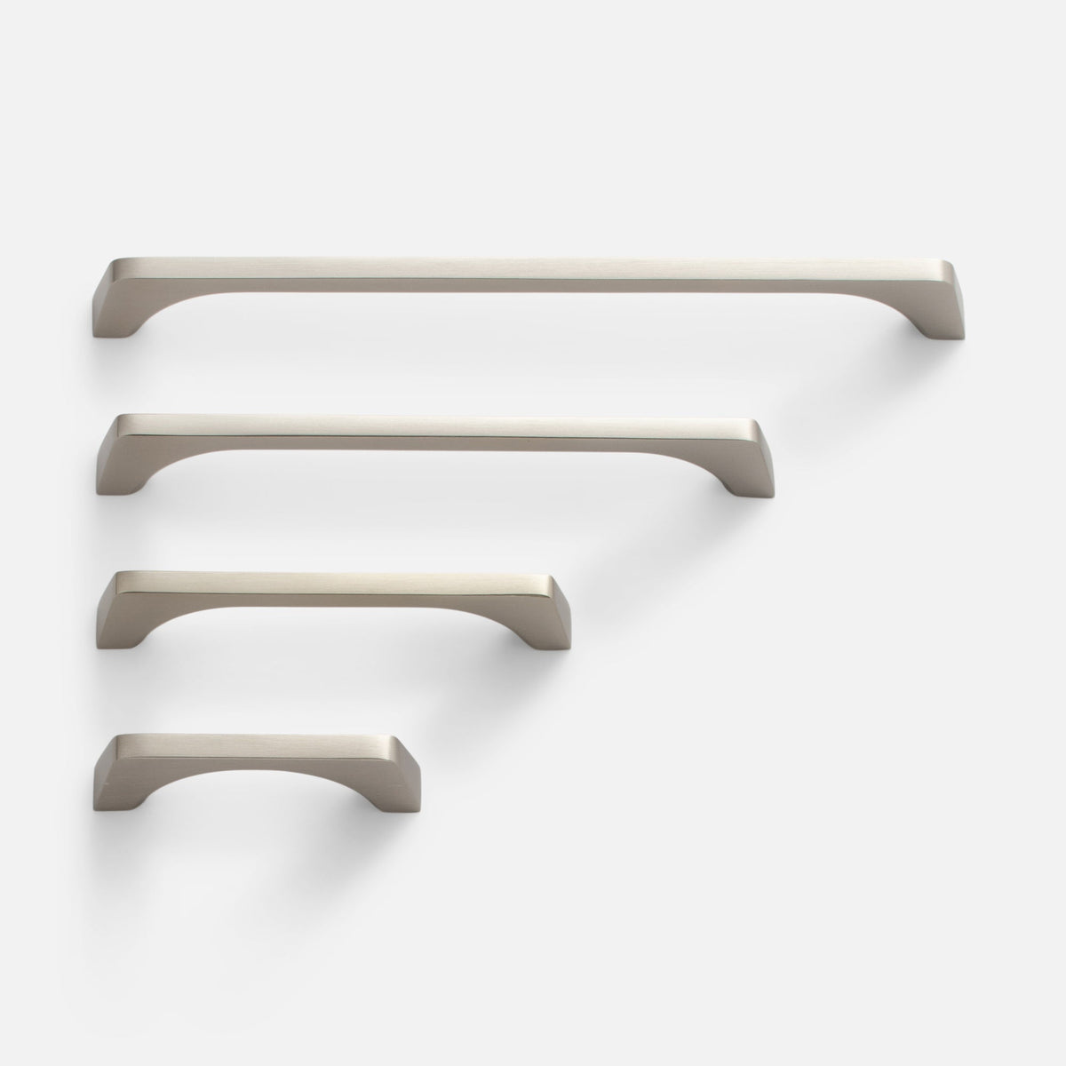 Front view of the Truss Pull in satin nickel showcasing refined exterior angles on a white background