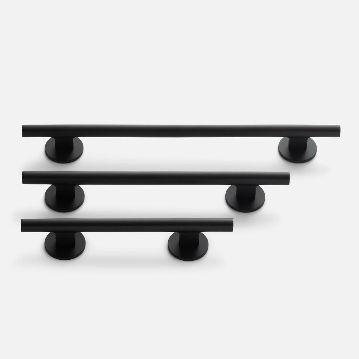 Front view of Galley Pull showcasing three black bar pulls with circular backplates on a white background