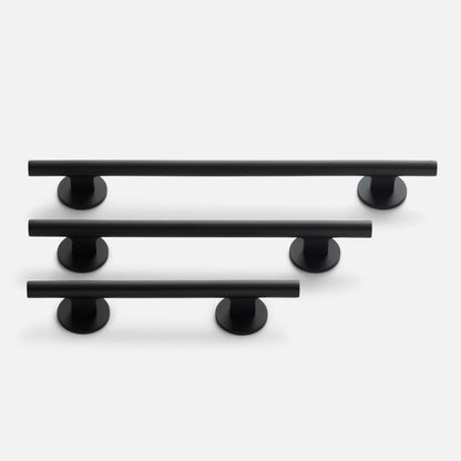 Front view of Galley Pull showcasing three black bar pulls with circular backplates on a white background