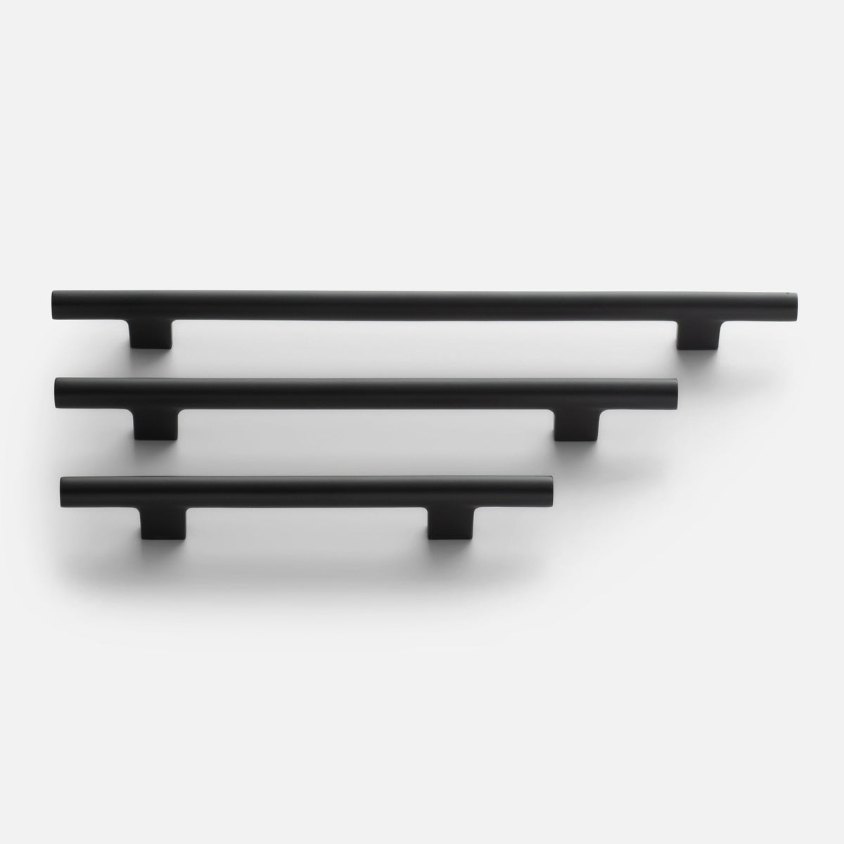 Front view of Galley Pull cabinet pulls showcasing three sizes in True Black against a white background