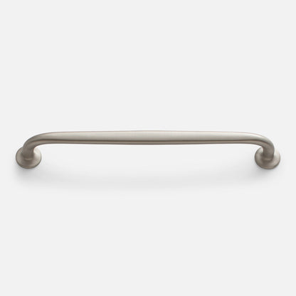 Front view of Somerset appliance pull showcasing its curved bar and round mounting bases on a white background