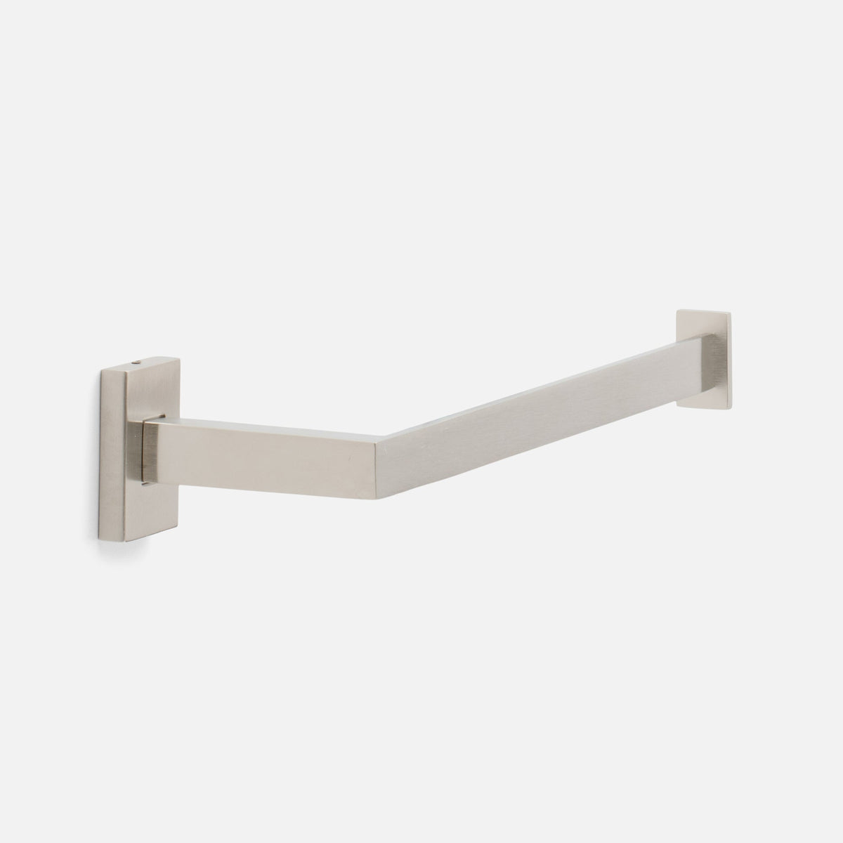 Angled view of the Edgecliff Towel Holder showcasing its satin nickel finish and curved bar with a light gray background
