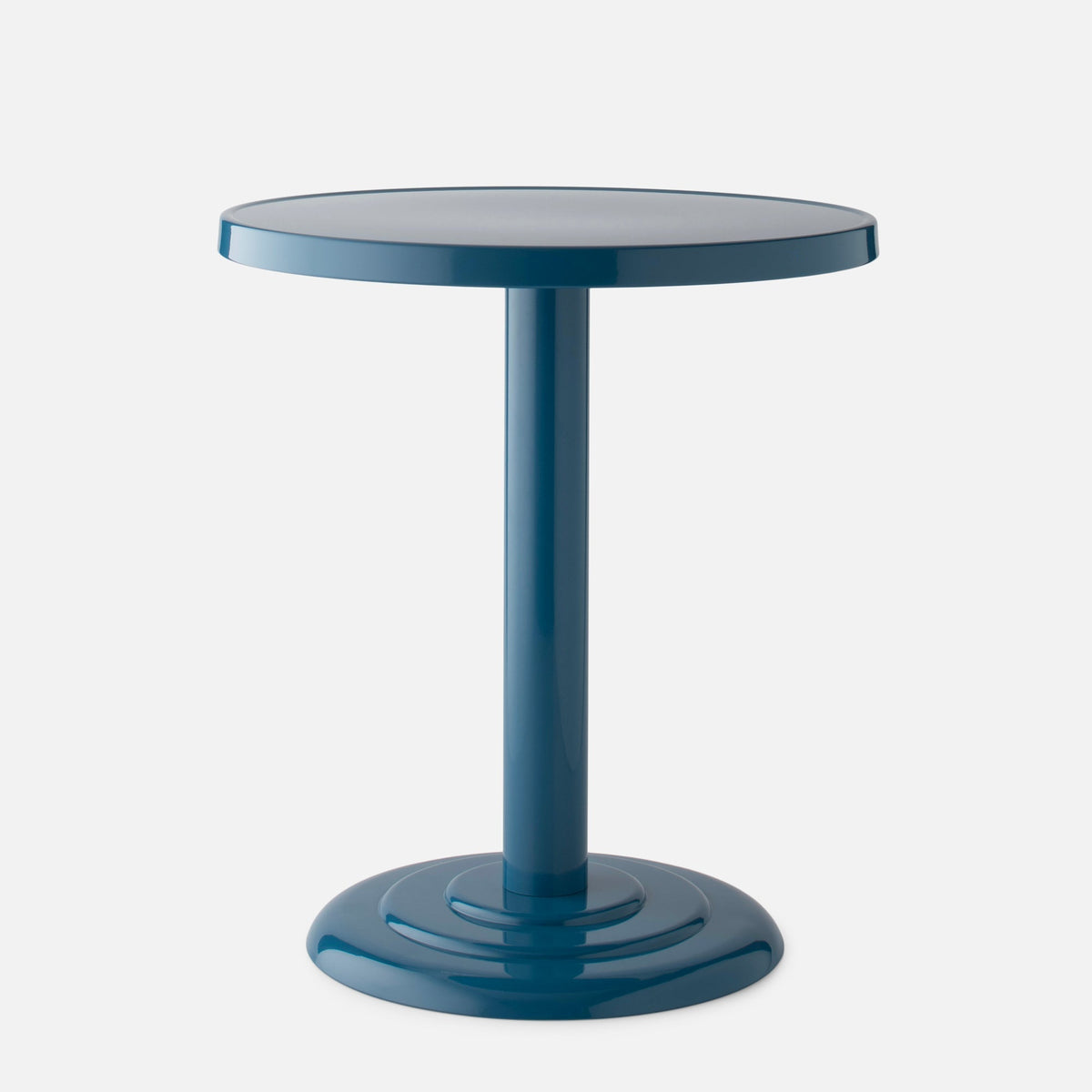 Front view of Owen Bistro Table showcasing its Pool Gloss finish and round pedestal base against a white background