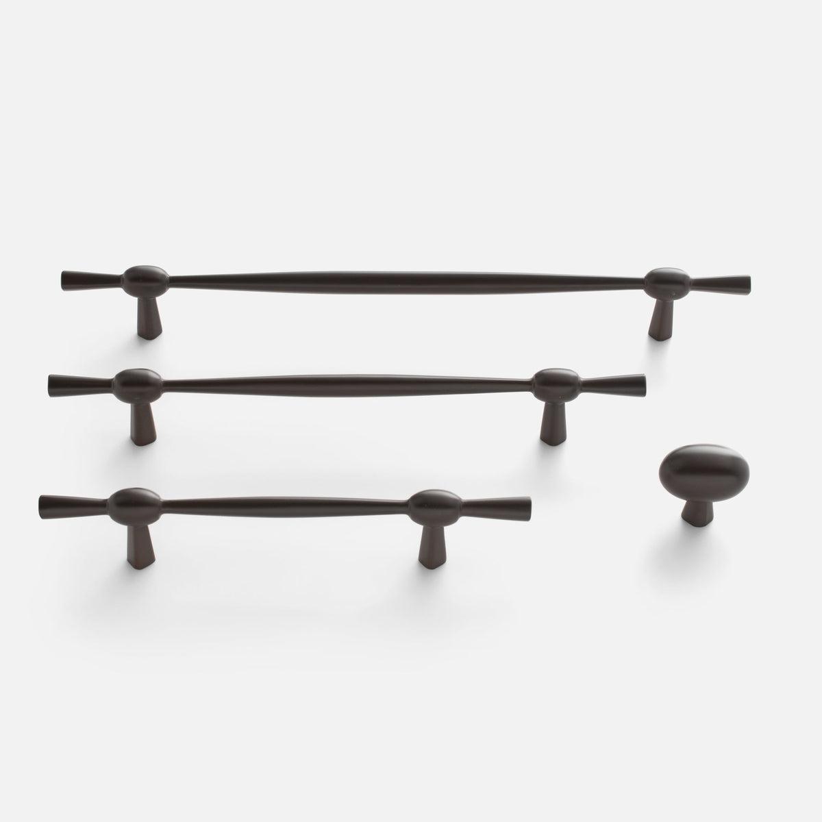 Front view of Eleanor Pull showcasing curved bow tie design in a dark finish on a white background