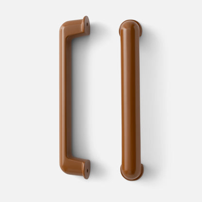 Close-up view of the Remy Pull showing glossy brown bar pulls with squared and rounded ends on a white background