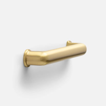 Angled view of Remy Pull showcasing a curved gold-tone bar with rounded mounting plates on a white background