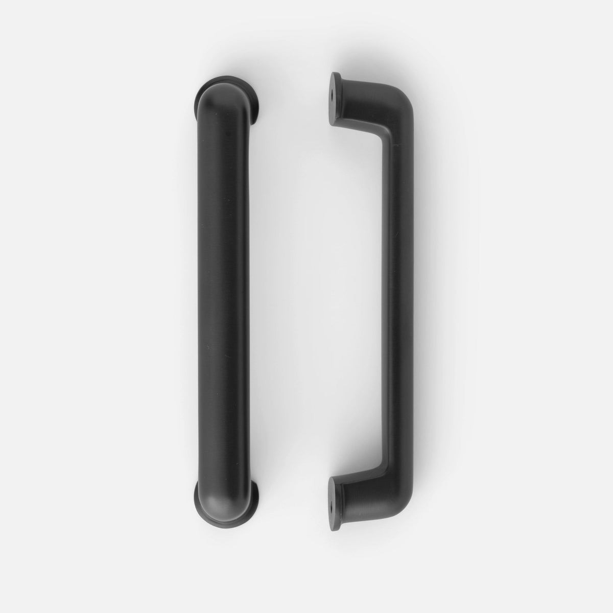 Front and side views of Remy Pull showcasing its black finish and curved rectangular shape on a white background