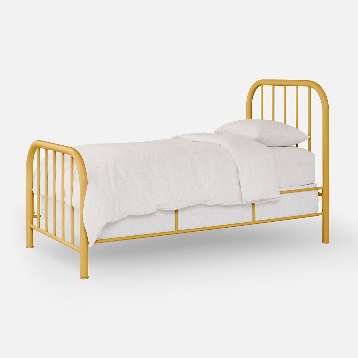 Three-quarter view of Hamilton Bed showing yellow metal tubular frame with curved slatted headboard and footboard on white background
