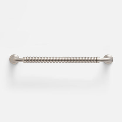 Front view of Whittaker Pull showcasing ribbed solid brass design in satin nickel on a white background