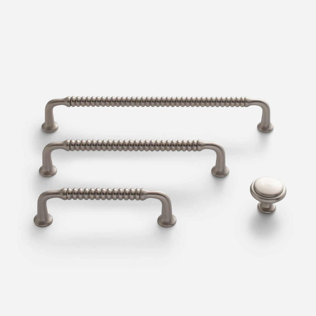Front view of Whittaker Pull in satin nickel showcasing beaded solid brass bar pulls and a matching knob on a white background