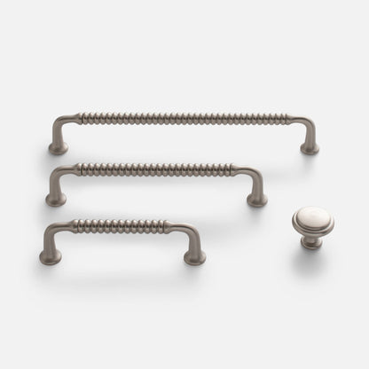 Front view of Whittaker Pull in satin nickel showcasing beaded solid brass bar pulls and a matching knob on a white background