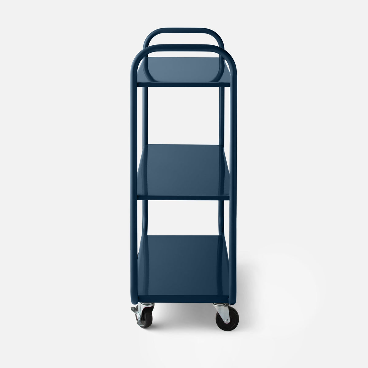 Front close-up of Miller storage cart showcasing glossy navy blue tubular frame, three metal shelves and swivel casters on a white background