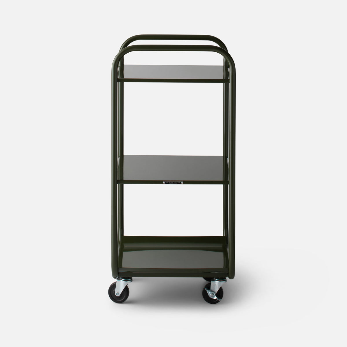 Front view of Miller Storage Cart showcasing three metal shelves, rounded tubular handles, and swivel casters on a white background