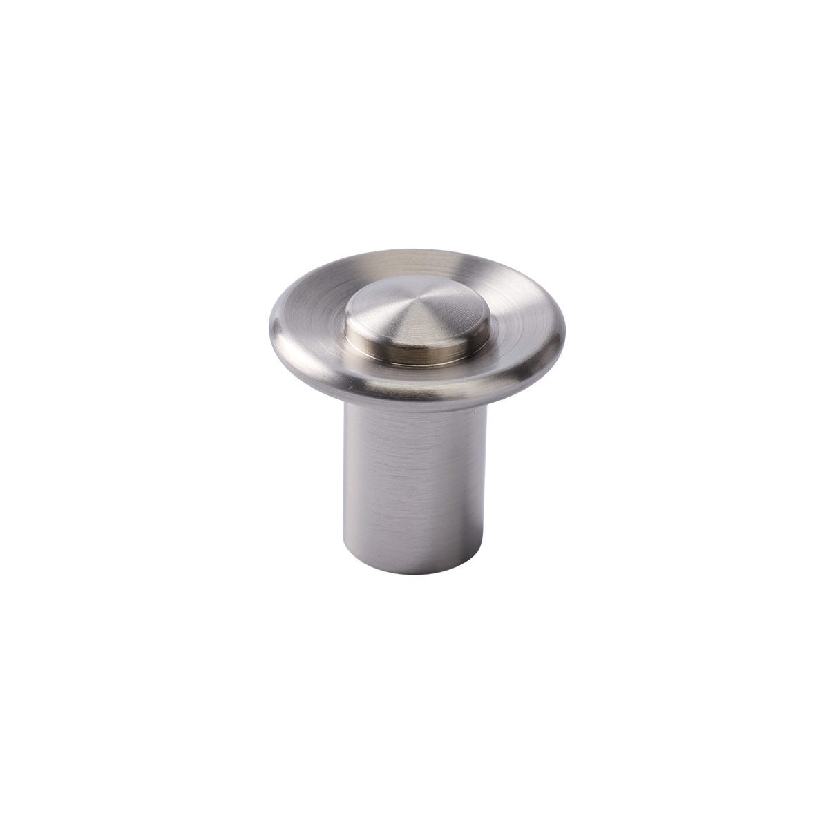 Angled close-up of Landon Knob showcasing its round brushed metal face and cylindrical base on a white background