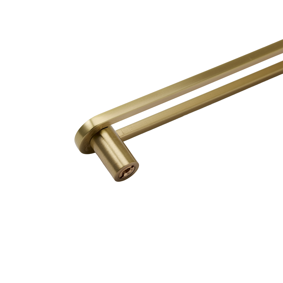 Close-up of the Landon Pull showcasing its cylindrical brass hardware and dual bar design on a white background