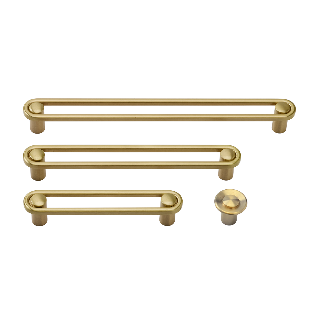 Front view of Landon Pull hardware showcasing three bar pulls and one round knob on a white background