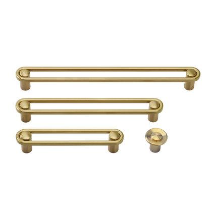 Front view of Landon Pull hardware showcasing three bar pulls and one round knob on a white background