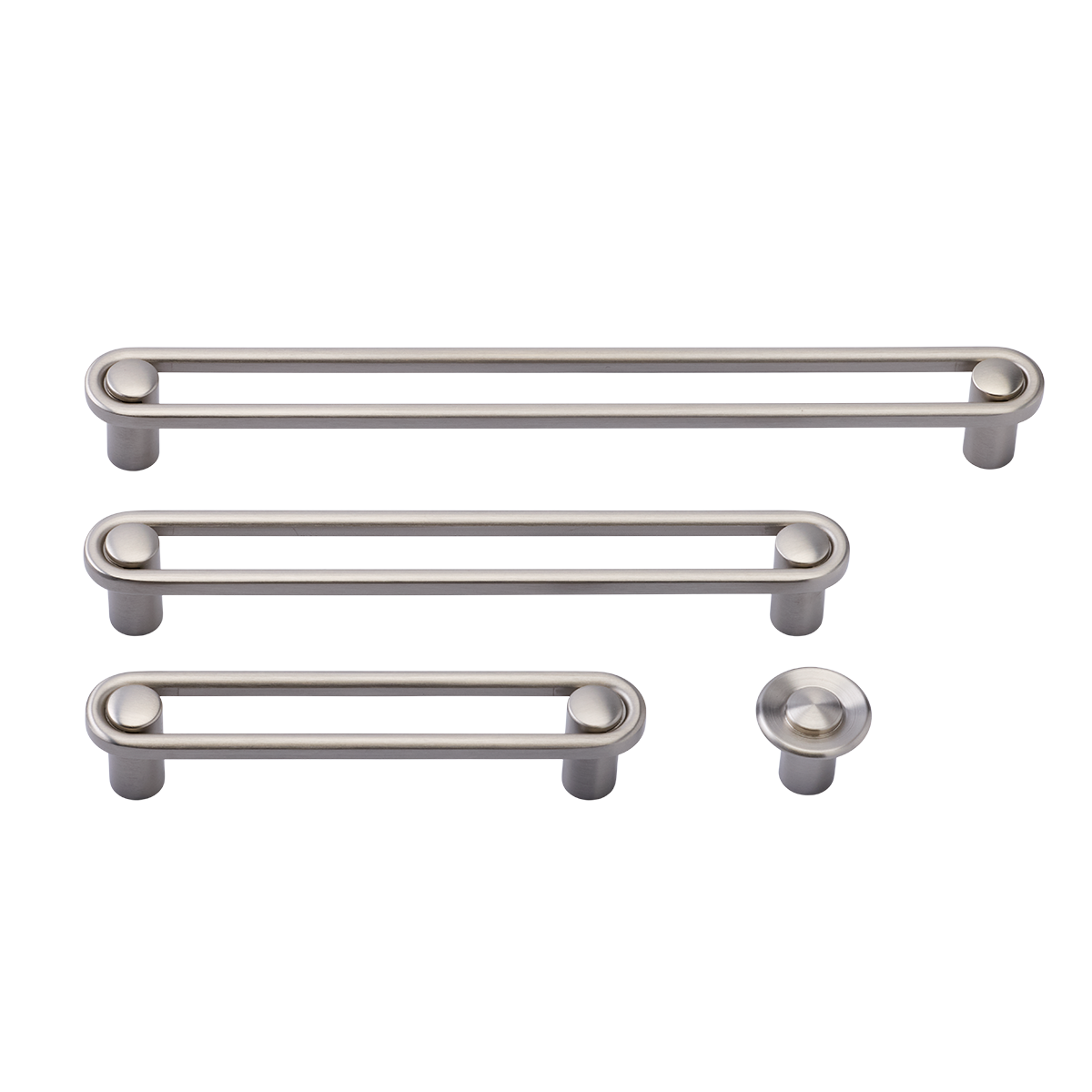 Front view of Landon knob hardware showcasing elongated bar pulls and a round knob on a white background