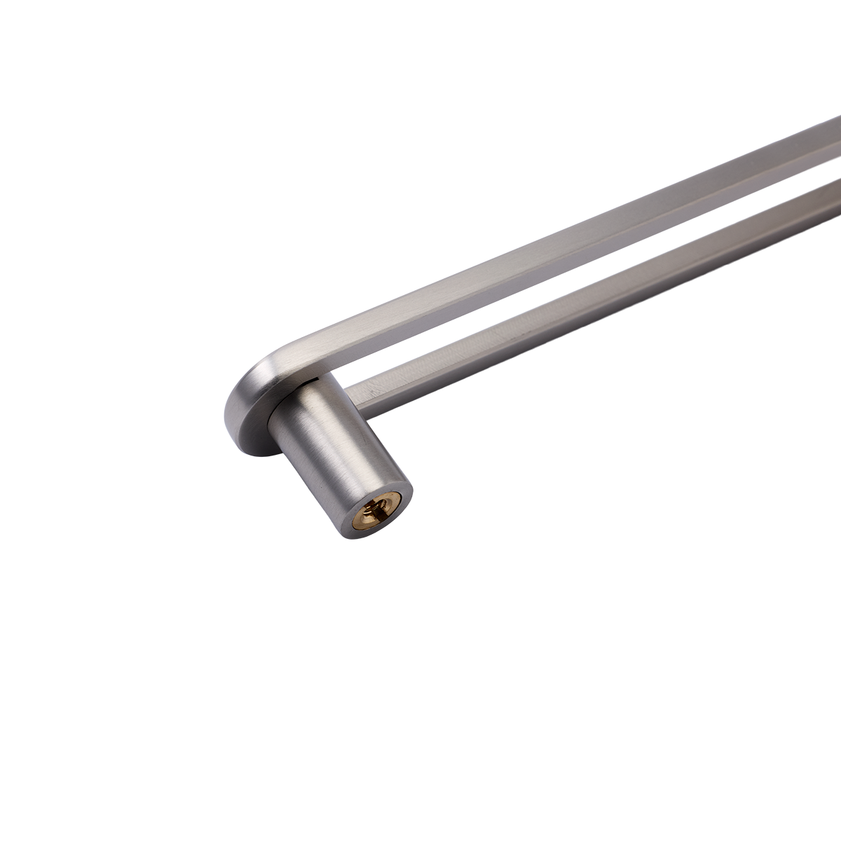 Close-up of Landon Pull showcasing its cylindrical handle and mounting hardware on a white geometric background