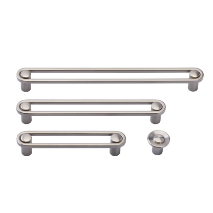 Front view of Landon Pull hardware showcasing three bar pulls and one round knob with a white background