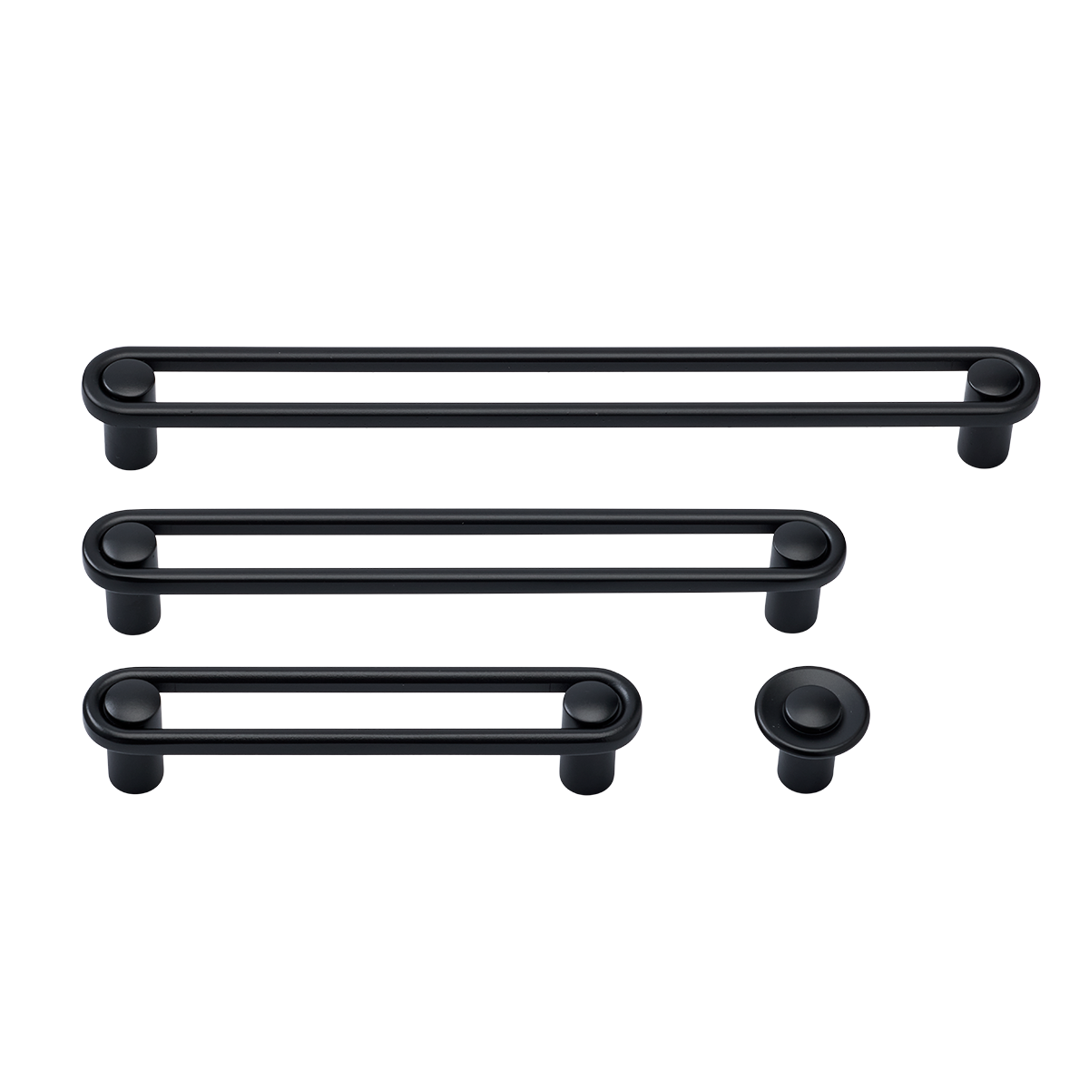 Front view of Landon Pull hardware showing three bar pulls and one round knob on a white background