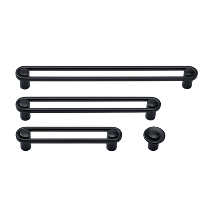 Front view of Landon Pull hardware showing three bar pulls and one round knob on a white background