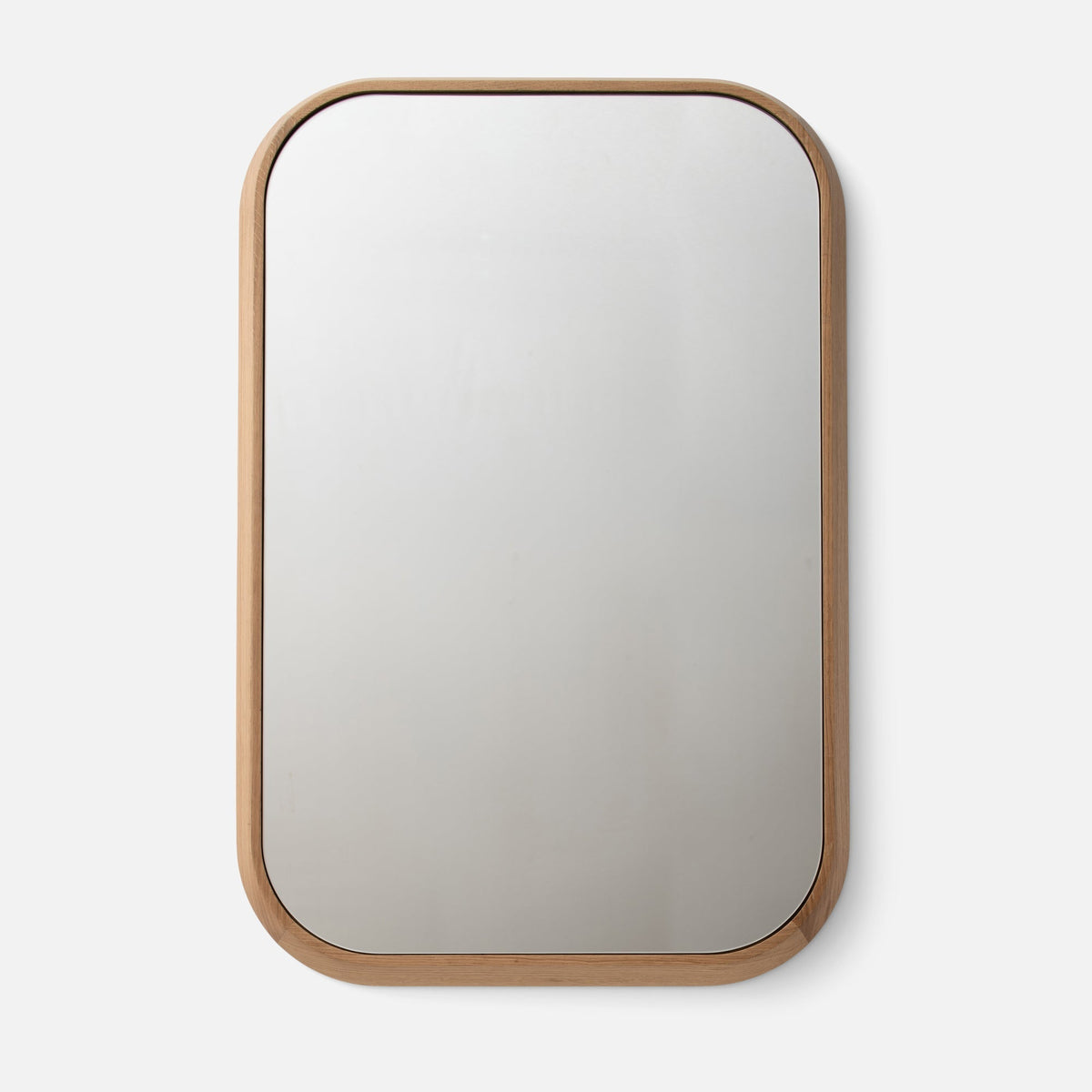 Close-up front view of Oak Chamfered Mirror showcasing oak chamfered frame and rounded corners on a white background