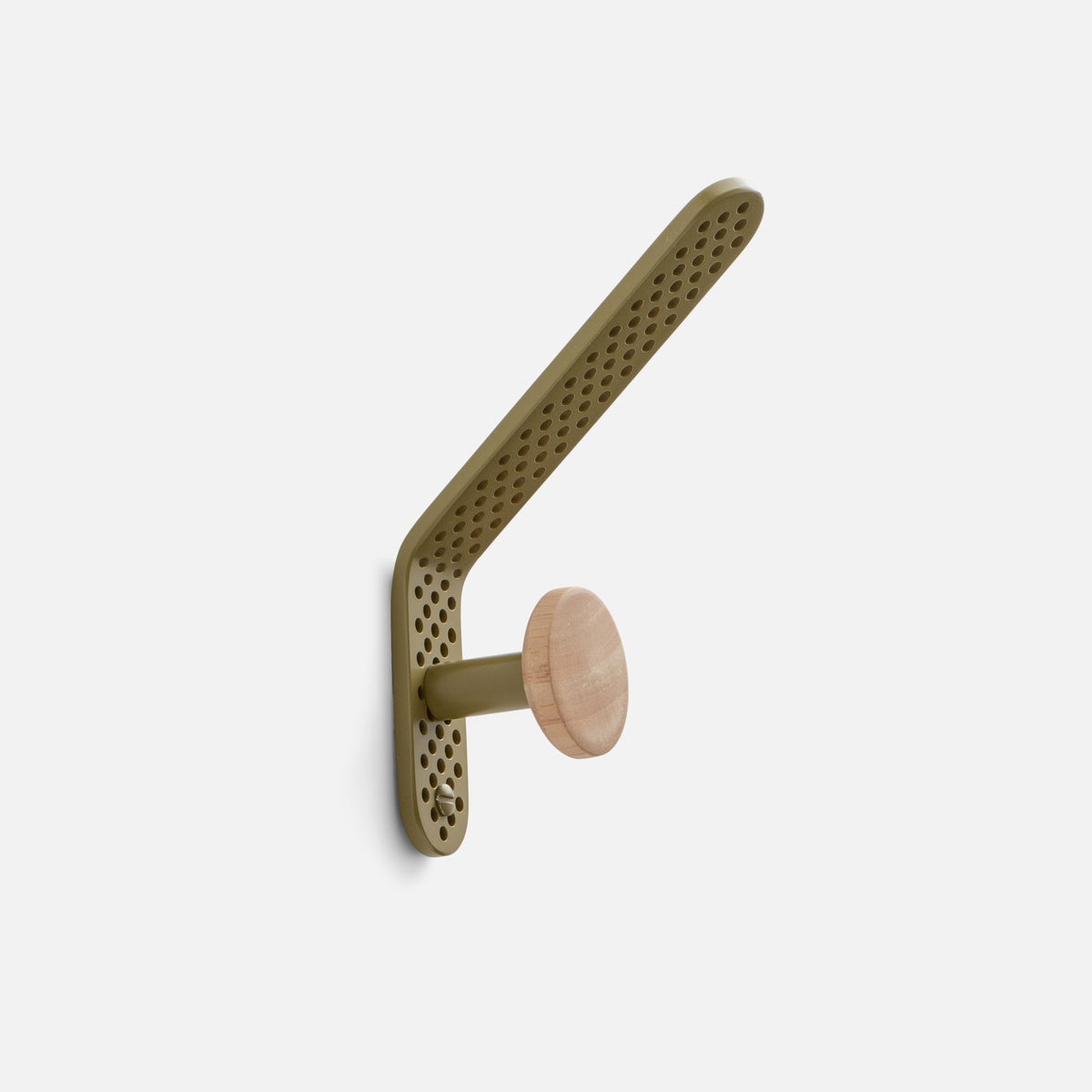 Angled view of Tula Hook showcasing Olive Satin perforated aluminum and natural wood finial on a white background