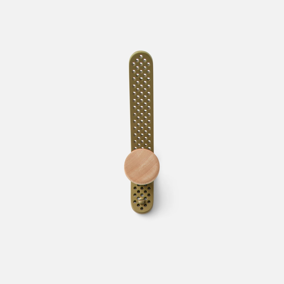 Front view of Tula Hook showcasing perforated olive satin aluminum and a natural wood finial on a light background