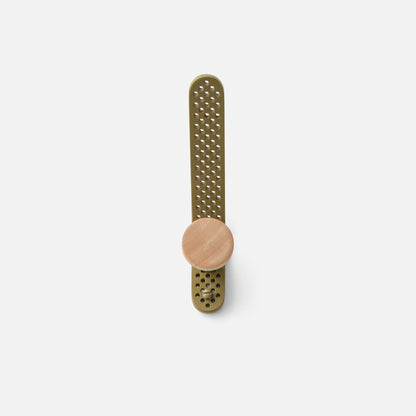 Front view of Tula Hook showcasing perforated olive satin aluminum and a natural wood finial on a light background