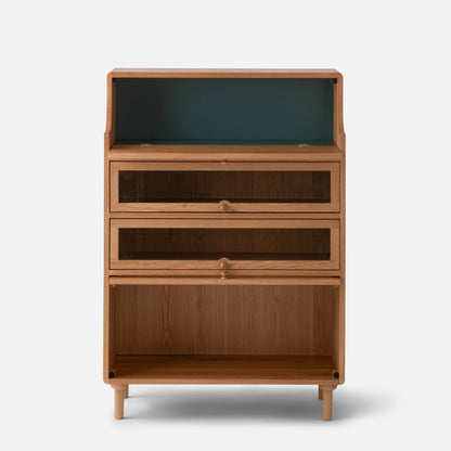 Front view of Peggy Cabinet showcasing an open upper shelf, two drawers, and a lower storage compartment against a light background