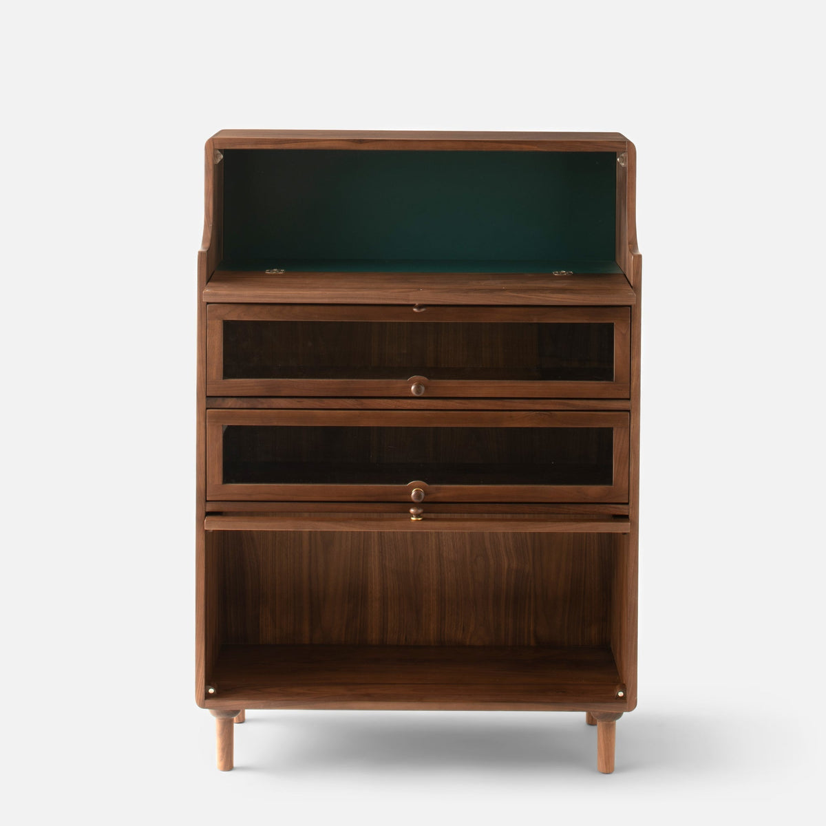 Front view of Peggy Cabinet showcasing two drawers and open shelving against a white background