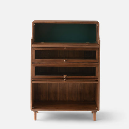 Front view of Peggy Cabinet showcasing two drawers and open shelving against a white background