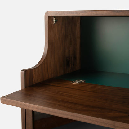 Close-up of Peggy Cabinet showcasing its wood grain, open door, and green interior against a white background