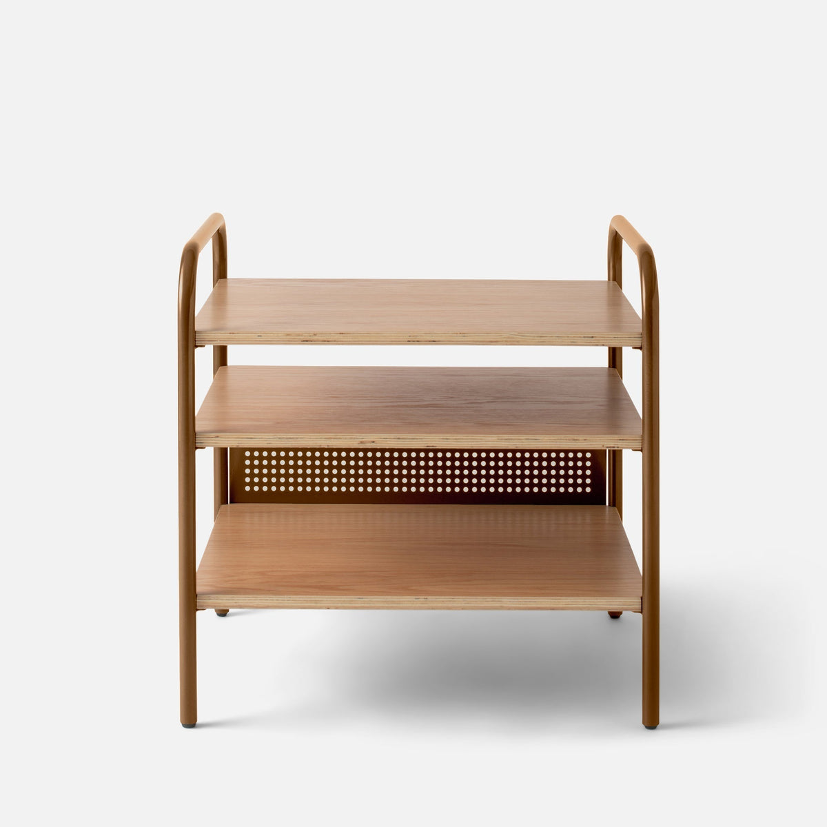 Front view of Miller Side Table showing three plywood shelves, rounded bronze metal frame and perforated metal back on white background