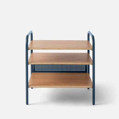 Front view of Miller side table showcasing three plywood shelves and blue metal frame on white background