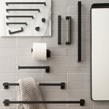 Front view of Edgecliff Pull showcasing black rectangular bar hardware on a tiled bathroom wall