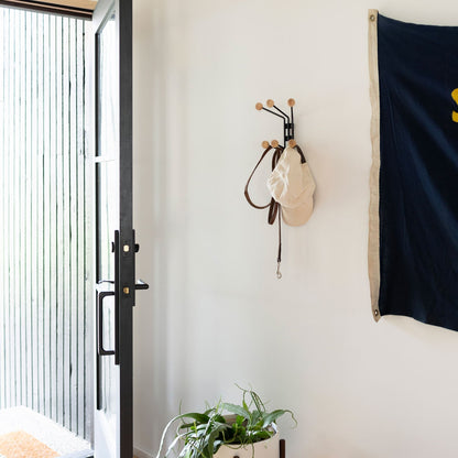 Mollie 6 Hook holding a hat and bags on a white wall beside an open doorway and potted plant