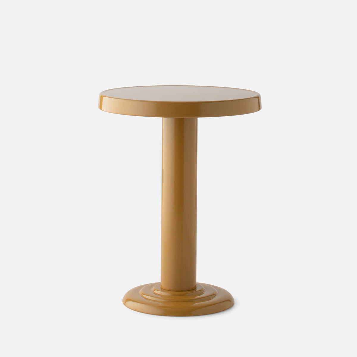 Front close-up of Owen Side Table in dune gloss showing round top, pedestal column, and glossy finish on white background