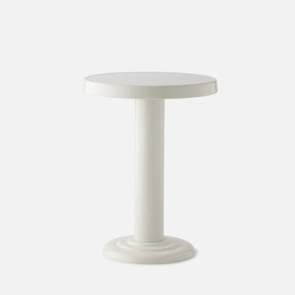 Front close-up of Owen Side Table showcasing its round top, single cylindrical pedestal, and glossy shell white finish on a plain white background