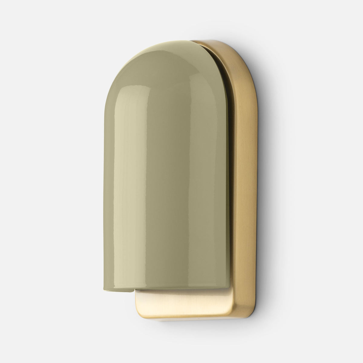 Close-up of Allegheny Slim Sconce in olive green showing glossy rounded shade and brushed brass backplate on white background