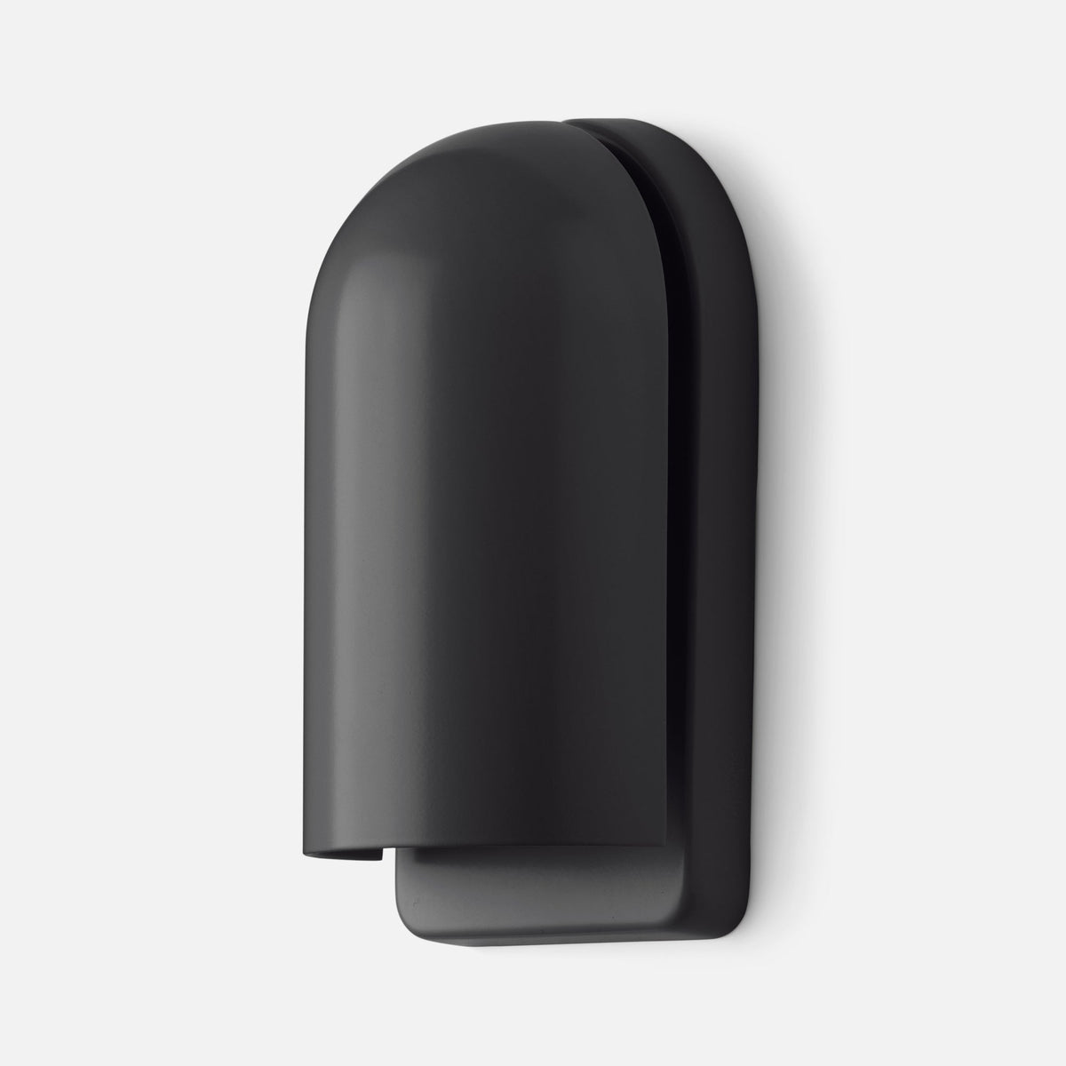 Close-up of Allegheny Slim Sconce showing matte black rounded shade and slim wall-mounted backplate on white background