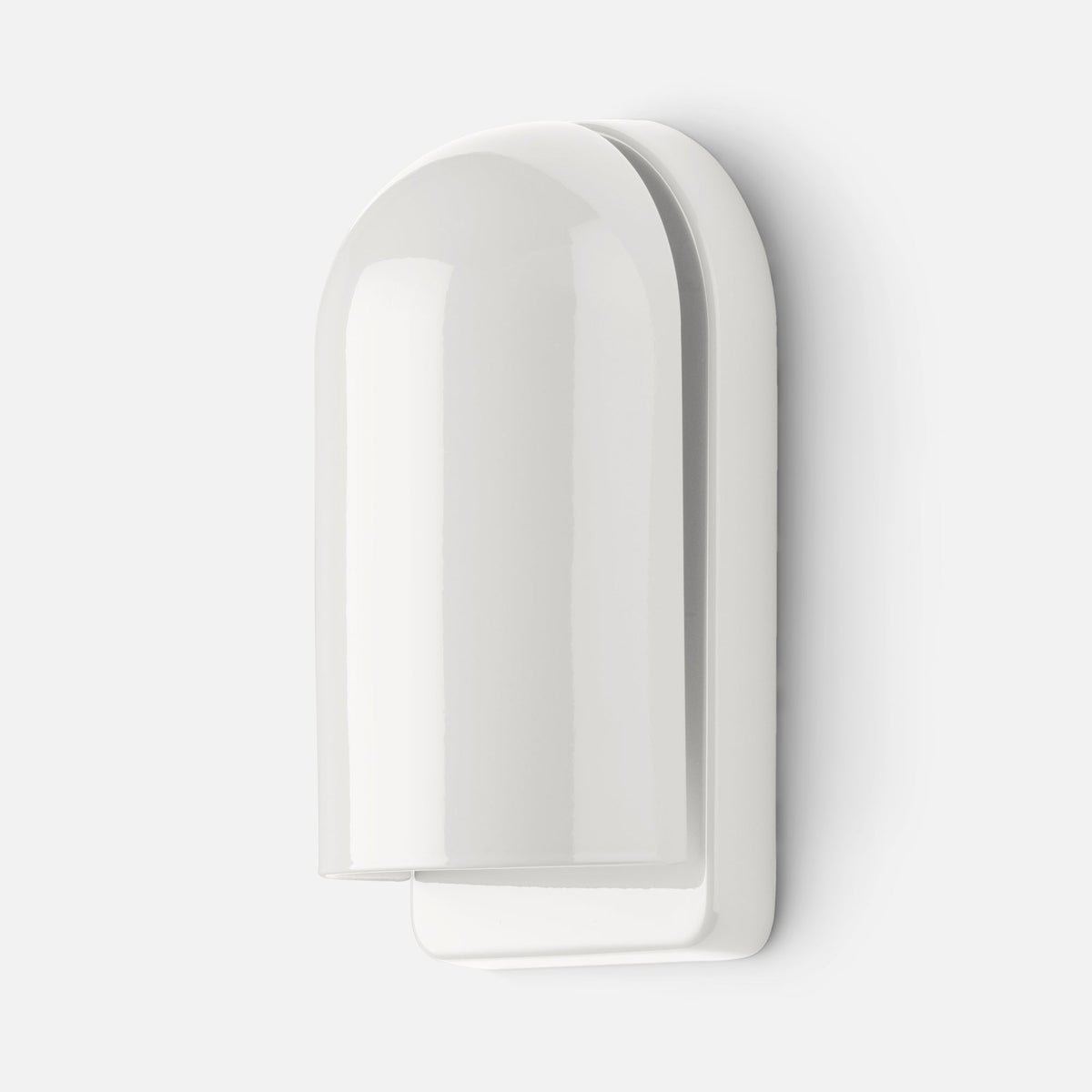 Close-up of Allegheny Slim Sconce in gloss white showing rounded dome shade and layered backplate against a white wall